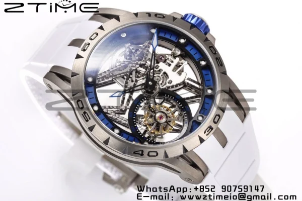 RD Excalibur RDDBEX0546 BBR 1:1 Best Edition Skeleton Blue Dial on White Rubber Strap A2136 Tourbillon V4 - Super Clone Watch | 1:1 Best Version