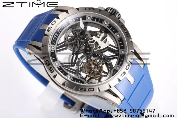 RD Excalibur RDDBEX0479 BBR 1:1 Best Edition Skeleton Black Dial on Blue Rubber Strap A2136 Tourbillon V4 - Super Clone Watch | 1:1 Best Version