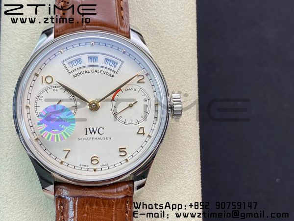 Portugalské hodinky IWC Real PR Real Annual Calendar RG IW503504 ZF 1:1 Best Edition White Dial on Brown Leather Strap A52850 - Super Clone Watch | 1:1 Best Version