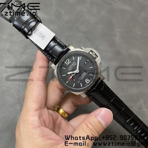 Panerai PAM01096 PAM1096 W Luminor GMT 42mm Titanium VSF 1:1 Best Edition Cadran noir sur bracelet cuir noir P.9011 Super Clone - Super Clone Watch | 1:1 Best Version