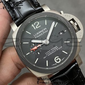 Panerai PAM01096 PAM1096 W Luminor GMT 42mm Titanium VSF 1:1 Best Edition Black Dial on Black Leather Strap P.9011 Super Clone - Super Clone Watch | 1:1 Best Version