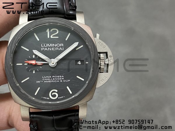 Panerai PAM01096 PAM1096 W Luminor GMT 42mm Titanium VSF 1:1 Best Edition Cadran noir sur bracelet cuir noir P.9011 Super Clone - Super Clone Watch | 1:1 Best Version