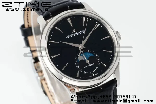 Master Ultra Thin Moon 1368471  SS APSF 1:1 Best Edition Black Dial on Black Leather Strap SA925 Super Clone - Super Clone Watch | 1:1 Best Version