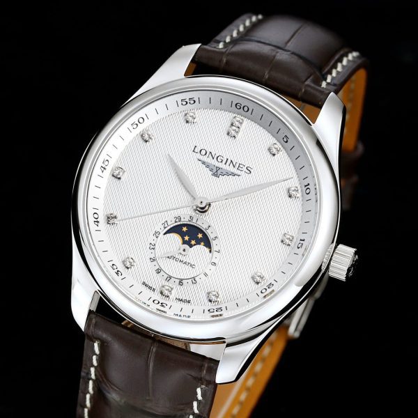 Longines Master Moonphase SS APSF 1:1 Best Edition White Diamonds Dial on Brown Leather Strap AL899 V2 - Super Clone Watch | 1:1 Best Version
