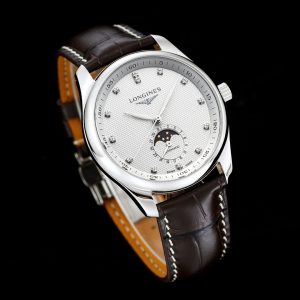 Longines Master Moonphase SS APSF 1:1 Best Edition White Diamonds Dial on Brown Leather Strap AL899 V2 - Super Clone Watch | 1:1 Best Version
