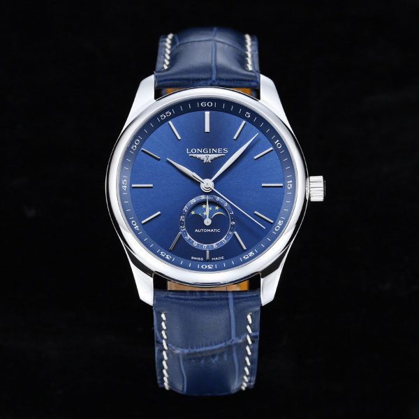 Longines Master Moonphase SS APSF 1:1 Best Edition Blue Stick Dial on Blue Leather Strap AL899 V2 - Super Clone Watch | 1:1 Best Version