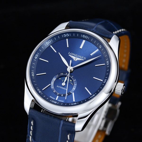 Longines Master Moonphase SS APSF 1:1 Best Edition Blue Stick Dial on Blue Leather Strap AL899 V2 - Super Clone Watch | 1:1 Best Version