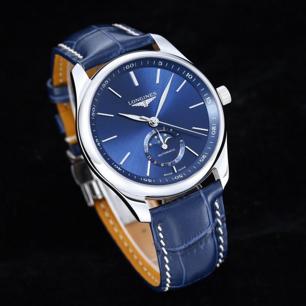 Longines Master Moonphase SS APSF 1:1 Best Edition Blue Stick Dial on Blue Leather Strap AL899 V2 - Super Clone Watch | 1:1 Best Version