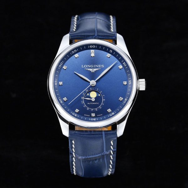 Longines Master Moonphase SS APSF 1:1 Best Edition Cadran albastru cu diamante pe curea din piele albastră AL899 V2 - Super Clone Watch | 1:1 Best Version