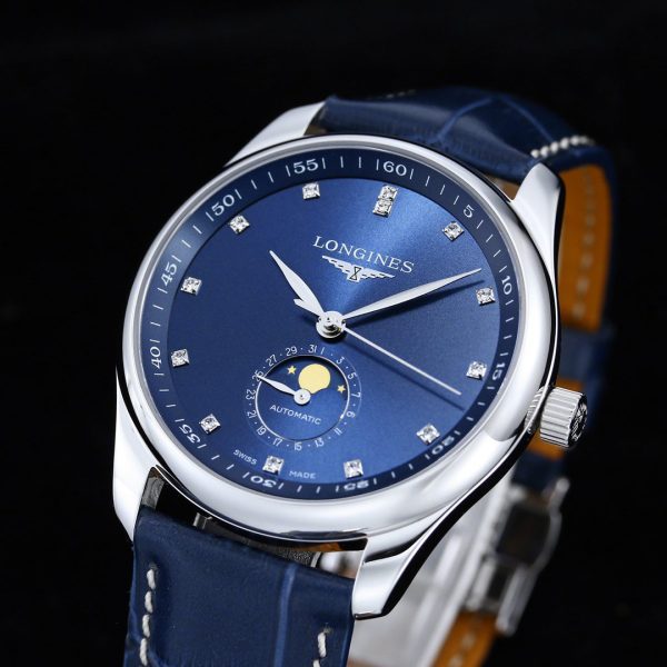 Longines Master Moonphase SS APSF 1:1 Best Edition Cadran albastru cu diamante pe curea din piele albastră AL899 V2 - Super Clone Watch | 1:1 Best Version