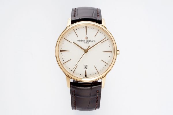 VC Patrimony Date 85180 RG PPF 1:1 Best Edition Weißes Zifferblatt auf braunem Lederarmband - Super Clone Watch | 1:1 Best Version