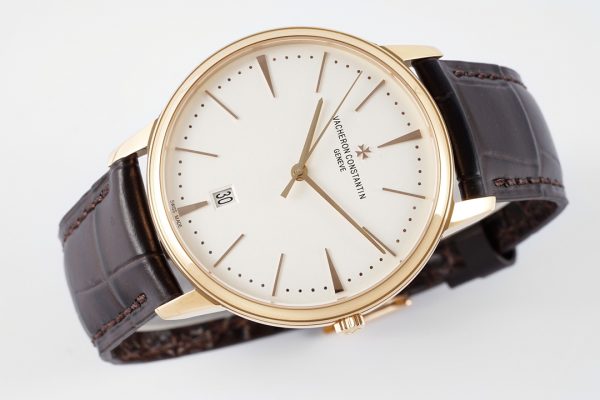 VC Patrimony Date 85180 RG PPF 1:1 Best Edition Weißes Zifferblatt auf braunem Lederarmband - Super Clone Watch | 1:1 Best Version