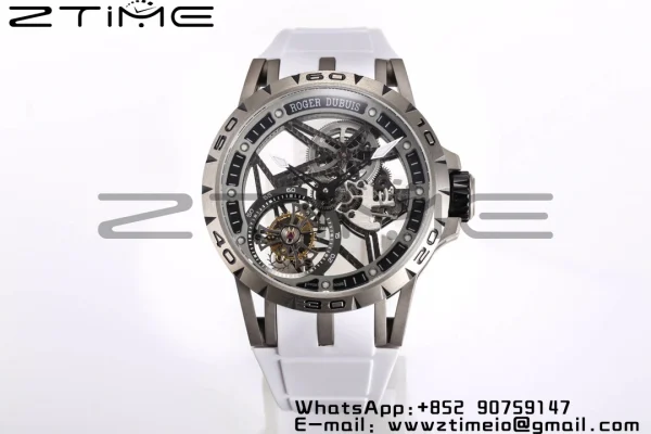 RD Excalibur RDDBEX0546 BBR 1:1 Best Edition Quadrante nero scheletrato su cinturino in gomma bianca A2136 Tourbillon V4 - Orologio super clone | 1:1 Best Version