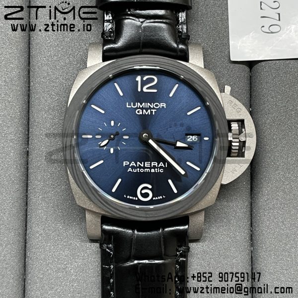 パネライ PAM01279 PAM1279 X ルミノール GMT 42mm チタニウム VSF 1:1 ベストエディション ブルーダイヤル ブラックレザーストラップ P.9011 スーパークローン - スーパークローンウォッチ｜1:1 ベストバージョン