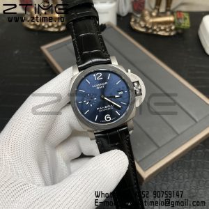 パネライ PAM01279 PAM1279 X ルミノール GMT 42mm チタニウム VSF 1:1 ベストエディション ブルーダイヤル ブラックレザーストラップ P.9011 スーパークローン - スーパークローンウォッチ｜1:1 ベストバージョン