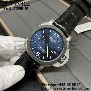 パネライ PAM01279 PAM1279 X ルミノール GMT 42mm チタニウム VSF 1:1 ベストエディション ブルーダイヤル ブラックレザーストラップ P.9011 スーパークローン - スーパークローンウォッチ｜1:1 ベストバージョン