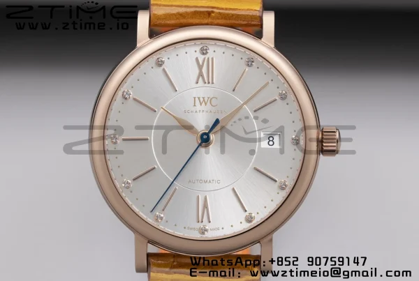 IWC Portofino Automatik 37mm IW458116 RG V7F 1:1 Best Edition weißes Zifferblatt auf hellbraunem Lederarmband A2892 - Super Clone Watch | 1:1 Best Version