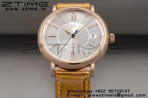 IWC Portofino Automatik 37mm IW458116 RG V7F 1:1 Best Edition weißes Zifferblatt auf hellbraunem Lederarmband A2892 - Super Clone Watch | 1:1 Best Version