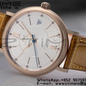 IWC Portofino Automatik 37mm IW458116 RG V7F 1:1 Best Edition weißes Zifferblatt auf hellbraunem Lederarmband A2892 - Super Clone Watch | 1:1 Best Version