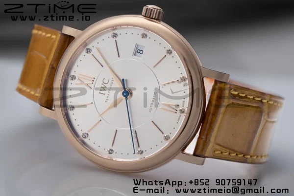 IWC Portofino Automatik 37mm IW458116 RG V7F 1:1 Best Edition weißes Zifferblatt auf hellbraunem Lederarmband A2892 - Super Clone Watch | 1:1 Best Version