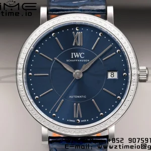 IWC Portofino Automatic 37mm IW458111 SS V7F 1:1 Best Edition Blue Dial Diamonds Bezel on Blue Leather Strap A2892 - Super Clone Watch | 1:1 Best Version