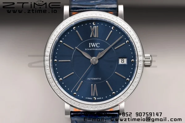 IWC Portofino Automatic 37mm IW458111 SS V7F 1:1 Best Edition Blue Dial Diamonds Bezel on Blue Leather Strap A2892 - Super Clone Watch | 1:1 Best Version