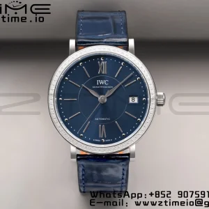 IWC Portofino Automatic 37mm IW458111 SS V7F 1:1 Best Edition Blue Dial Diamonds Bezel on Blue Leather Strap A2892 - Super Clone Watch | 1:1 Best Version