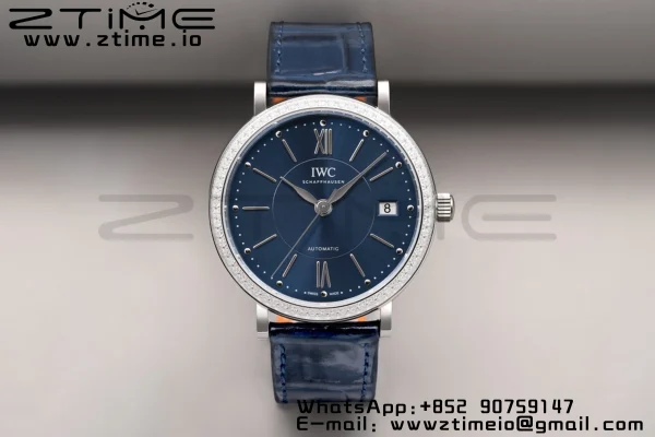 IWC Portofino Automatic 37mm IW458111 SS V7F 1:1 Best Edition Blue Dial Diamonds Bezel on Blue Leather Strap A2892 - Super Clone Watch | 1:1 Best Version
