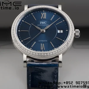 IWC Portofino Automatic 37mm IW458111 SS V7F 1:1 Best Edition Blue Dial Diamonds Bezel on Blue Leather Strap A2892 - Super Clone Watch | 1:1 Best Version