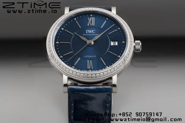 IWC Portofino Automatic 37mm IW458111 SS V7F 1:1 Best Edition Blue Dial Diamonds Bezel on Blue Leather Strap A2892 - Super Clone Watch | 1:1 Best Version