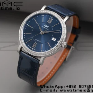 IWC Portofino Automatic 37mm IW458111 SS V7F 1:1 Best Edition Blue Dial Diamonds Bezel on Blue Leather Strap A2892 - Super Clone Watch | 1:1 Best Version