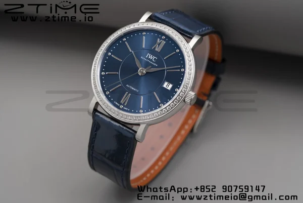IWC Portofino Automatic 37mm IW458111 SS V7F 1:1 Best Edition Blue Dial Diamonds Bezel on Blue Leather Strap A2892 - Super Clone Watch | 1:1 Best Version