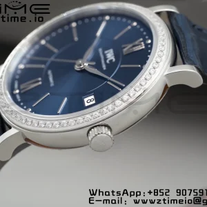 IWC Portofino Automatic 37mm IW458111 SS V7F 1:1 Best Edition Blue Dial Diamonds Bezel on Blue Leather Strap A2892 - Super Clone Watch | 1:1 Best Version