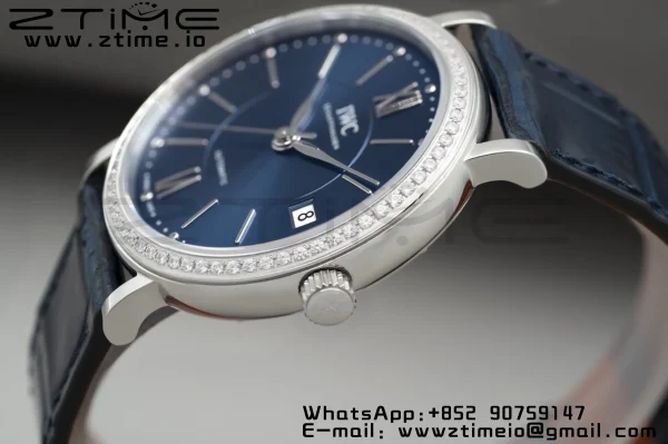IWC Portofino Automatic 37mm IW458111 SS V7F 1:1 Best Edition Blue Dial Diamonds Bezel on Blue Leather Strap A2892 - Super Clone Watch | 1:1 Best Version