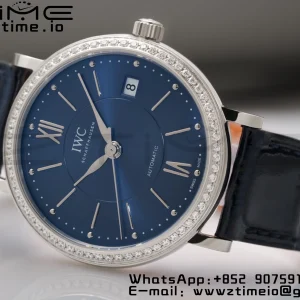 IWC Portofino Automatic 37mm IW458111 SS V7F 1:1 Best Edition Blue Dial Diamonds Bezel on Blue Leather Strap A2892 - Super Clone Watch | 1:1 Best Version