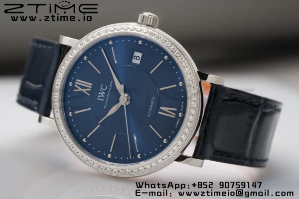 IWC Portofino Automatic 37mm IW458111 SS V7F 1:1 Best Edition Blue Dial Diamonds Bezel on Blue Leather Strap A2892 - Super Clone Watch | 1:1 Best Version