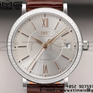 IWC Portofino Automatic 37mm IW458103 SS V7F 1:1 Best Edition White Dial Diamonds Bezel on Brown Leather Strap A2892 - Super Clone Watch | 1:1 Best Version