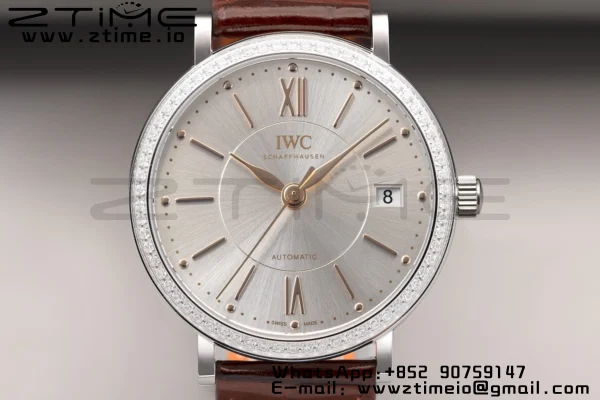 IWC Portofino Automatic 37mm IW458103 SS V7F 1:1 Best Edition White Dial Diamonds Bezel on Brown Leather Strap A2892 - Super Clone Watch | 1:1 Best Version