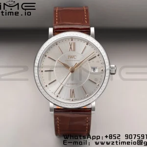 IWC Portofino Automatic 37mm IW458103 SS V7F 1:1 Best Edition White Dial Diamonds Bezel on Brown Leather Strap A2892 - Super Clone Watch | 1:1 Best Version
