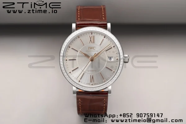 IWC Portofino Automatic 37mm IW458103 SS V7F 1:1 Best Edition White Dial Diamonds Bezel on Brown Leather Strap A2892 - Super Clone Watch | 1:1 Best Version