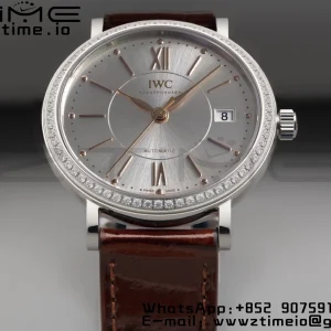 IWC Portofino Automatic 37mm IW458103 SS V7F 1:1 Best Edition White Dial Diamonds Bezel on Brown Leather Strap A2892 - Super Clone Watch | 1:1 Best Version