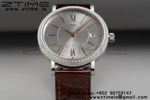 IWC Portofino Automatic 37mm IW458103 SS V7F 1:1 Best Edition White Dial Diamonds Bezel on Brown Leather Strap A2892 - Super Clone Watch | 1:1 Best Version