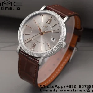 IWC Portofino Automatic 37mm IW458103 SS V7F 1:1 Best Edition White Dial Diamonds Bezel on Brown Leather Strap A2892 - Super Clone Watch | 1:1 Best Version