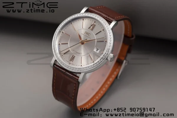 IWC Portofino Automatic 37mm IW458103 SS V7F 1:1 Best Edition White Dial Diamonds Bezel on Brown Leather Strap A2892 - Super Clone Watch | 1:1 Best Version