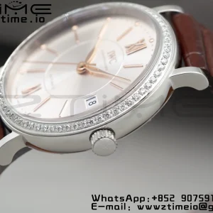 IWC Portofino Automatic 37mm IW458103 SS V7F 1:1 Best Edition White Dial Diamonds Bezel on Brown Leather Strap A2892 - Super Clone Watch | 1:1 Best Version