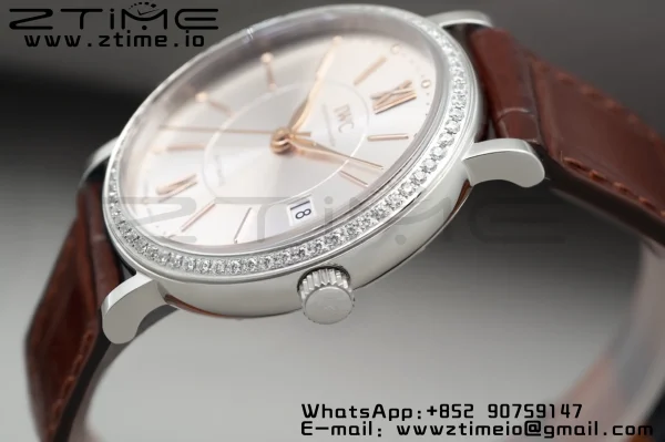 IWC Portofino Automatic 37mm IW458103 SS V7F 1:1 Best Edition White Dial Diamonds Bezel on Brown Leather Strap A2892 - Super Clone Watch | 1:1 Best Version