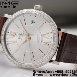 IWC Portofino Automatic 37mm IW458103 SS V7F 1:1 Best Edition White Dial Diamonds Bezel on Brown Leather Strap A2892 - Super Clone Watch | 1:1 Best Version