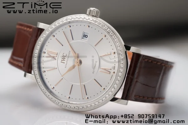 IWC Portofino Automatic 37mm IW458103 SS V7F 1:1 Best Edition White Dial Diamonds Bezel on Brown Leather Strap A2892 - Super Clone Watch | 1:1 Best Version