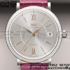 IWC Portofino Automatic 37mm IW458112 SS V7F 1:1 Best Edition White Dial Diamonds Bezel on Pink Leather Strap A2892 - Super Clone Watch | 1:1 Best Version