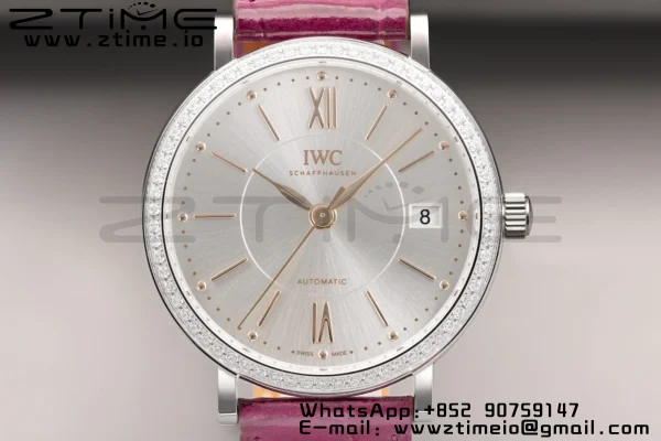 IWC Portofino Automatic 37mm IW458112 SS V7F 1:1 Best Edition White Dial Diamonds Bezel on Pink Leather Strap A2892 - Super Clone Watch | 1:1 Best Version